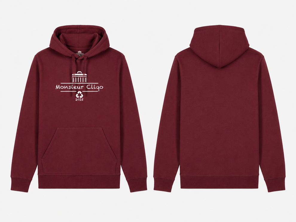 The Essential Hoodie van Monsieur Cliqo in kleur bordeaux rood, voorkant en achterkant
