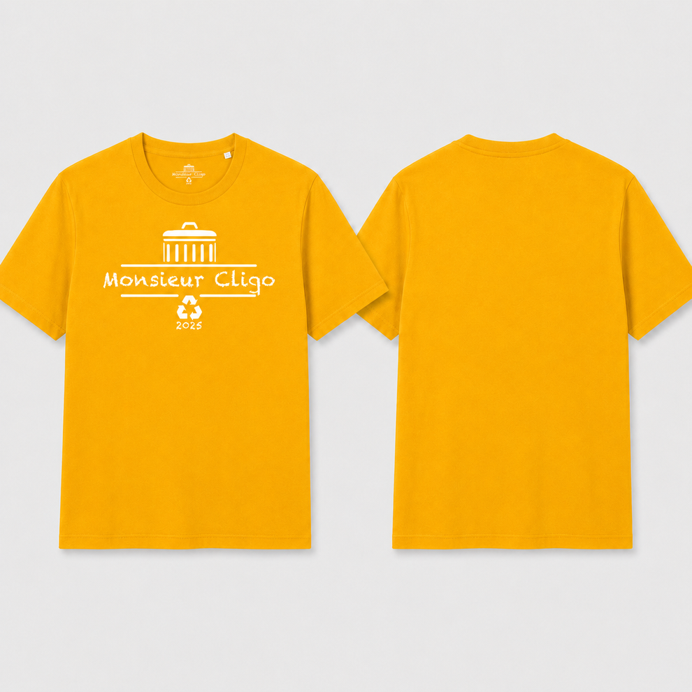 The Essential Tee t-shirt van Monsieur Cliqo in kleur geel, voorkant en achterkant