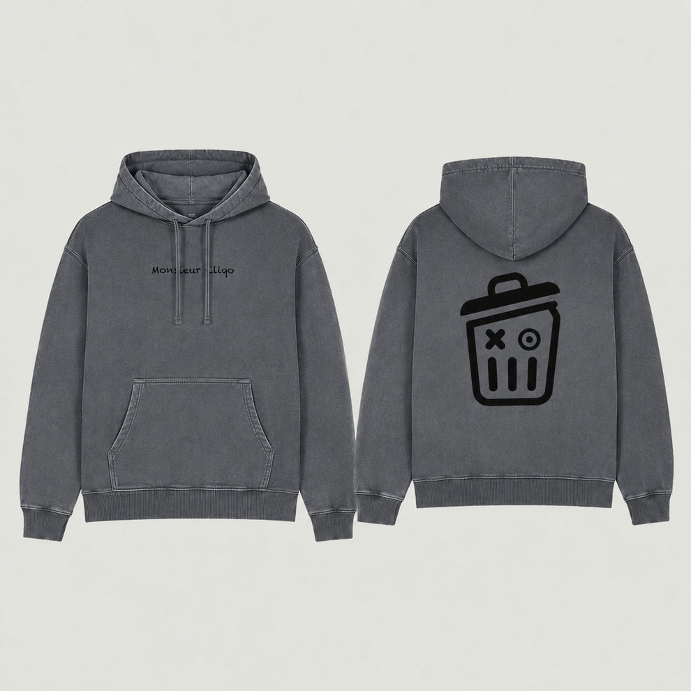 The Heavyweight Hoodie van Monsieur Cliqo in kleur antraciet, Vervaagde naden voor 'washed look', voorkant en achterkant