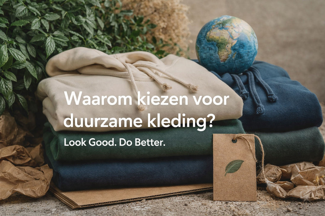 Stapel duurzame kleding met natuurlijke materialen en wereldbol als symbool voor milieubewuste keuzes