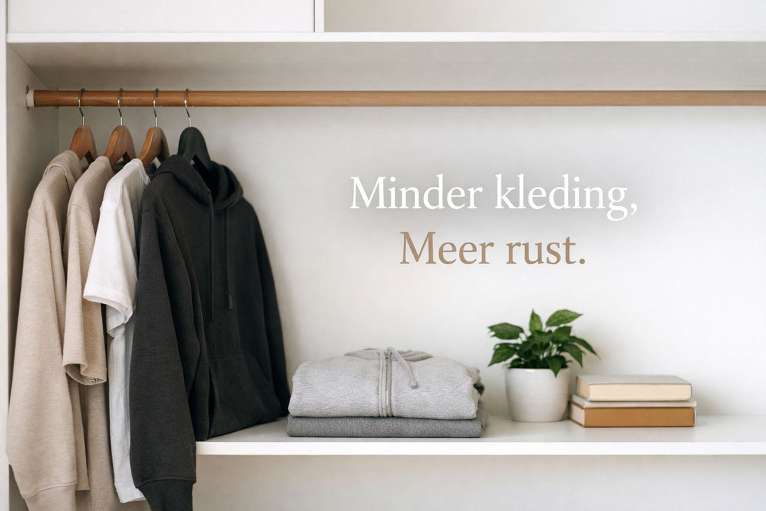 Minimalistische kledingkast met neutrale kleding als voorbeeld van minder kleding kopen en meer rust