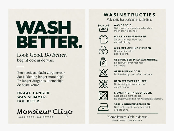 Wash Better-wasinstructies van Monsieur Cliqo met tips om kleding zorgvuldig te wassen en langer mooi te houden