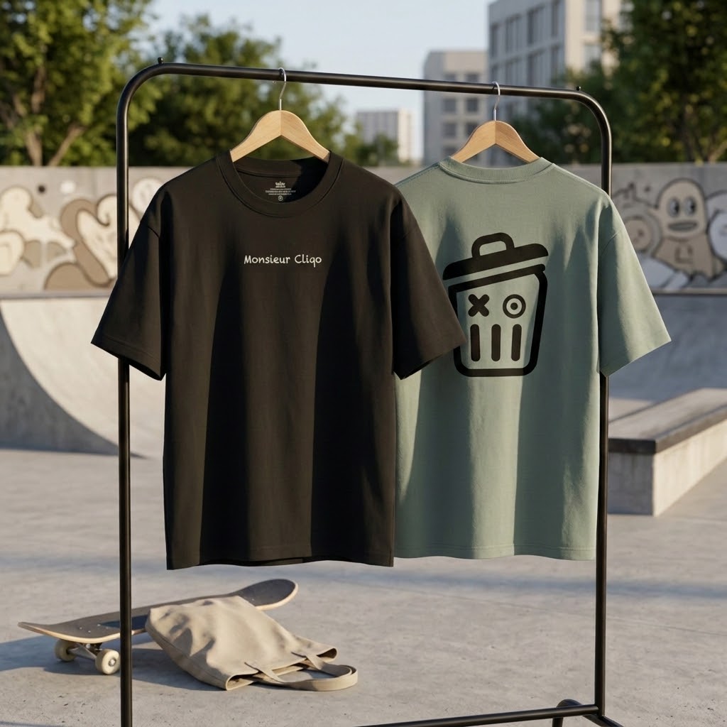 Twee oversized T-shirts van Monsieur Cliqo, zwart en saliegroen, aan een kledingrek bij een skatepark met een skateboard op de voorgrond.