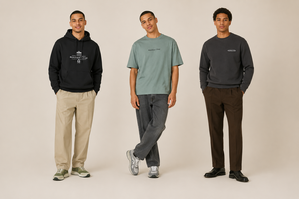 Mannen poseren met kleding van Monsieur Cliqo aan. Links: Basic, midden: Casual en rechts: Business