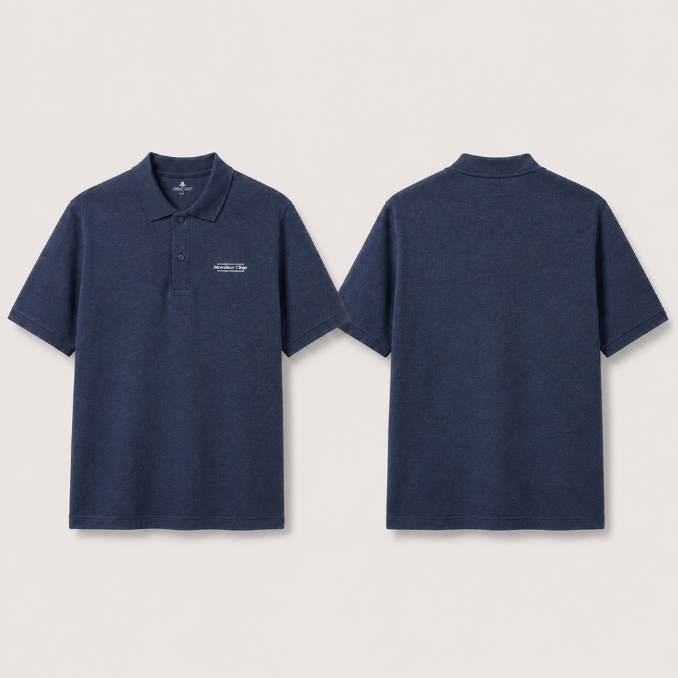 The Classic Polo van Monsieur Cliqo in kleur donkerblauw heather, voorkant en achterkant