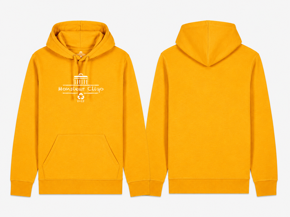 The Essential Hoodie van Monsieur Cliqo in kleur geel, voorkant en achterkant