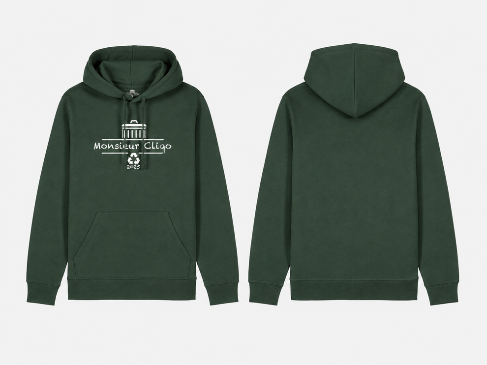 The Essential Hoodie van Monsieur Cliqo in kleur groen, voorkant en achterkant