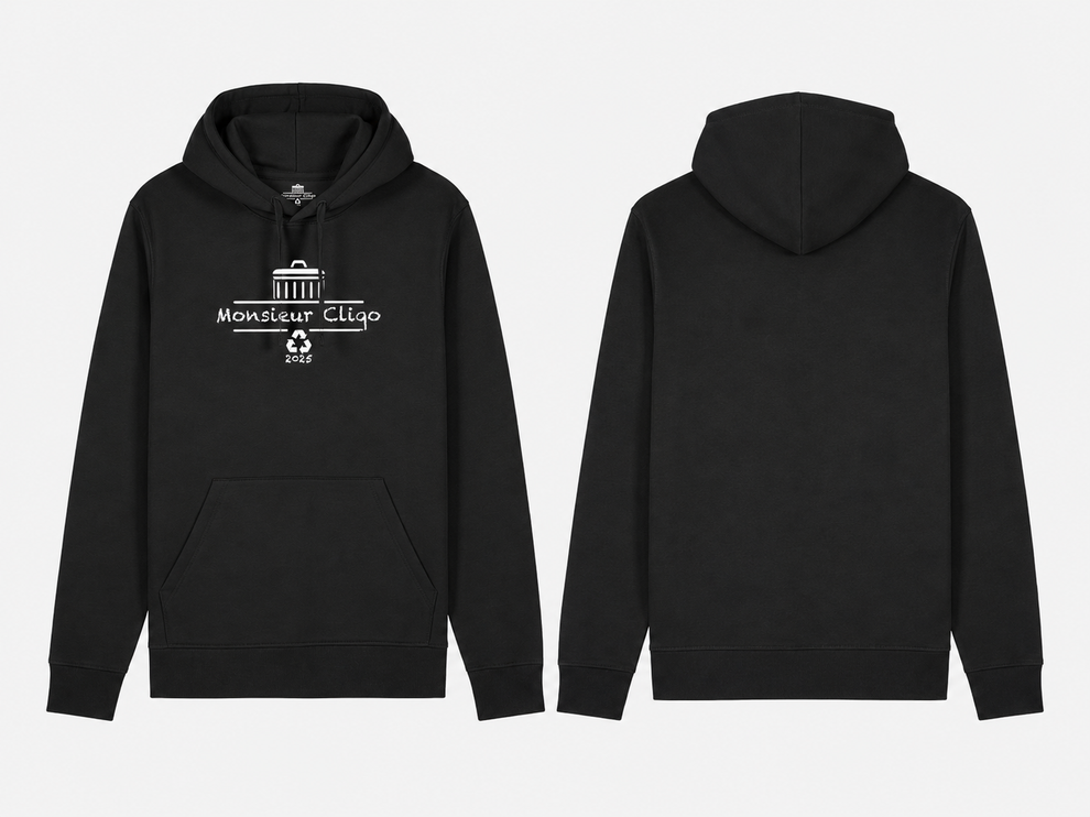 The Essential Hoodie van Monsieur Cliqo in kleur zwart, voorkant en achterkant