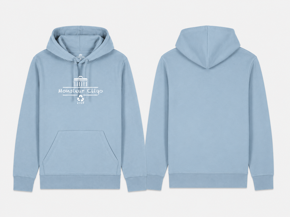 The Essential Hoodie van Monsieur Cliqo in kleur licht blauw, voorkant en achterkant