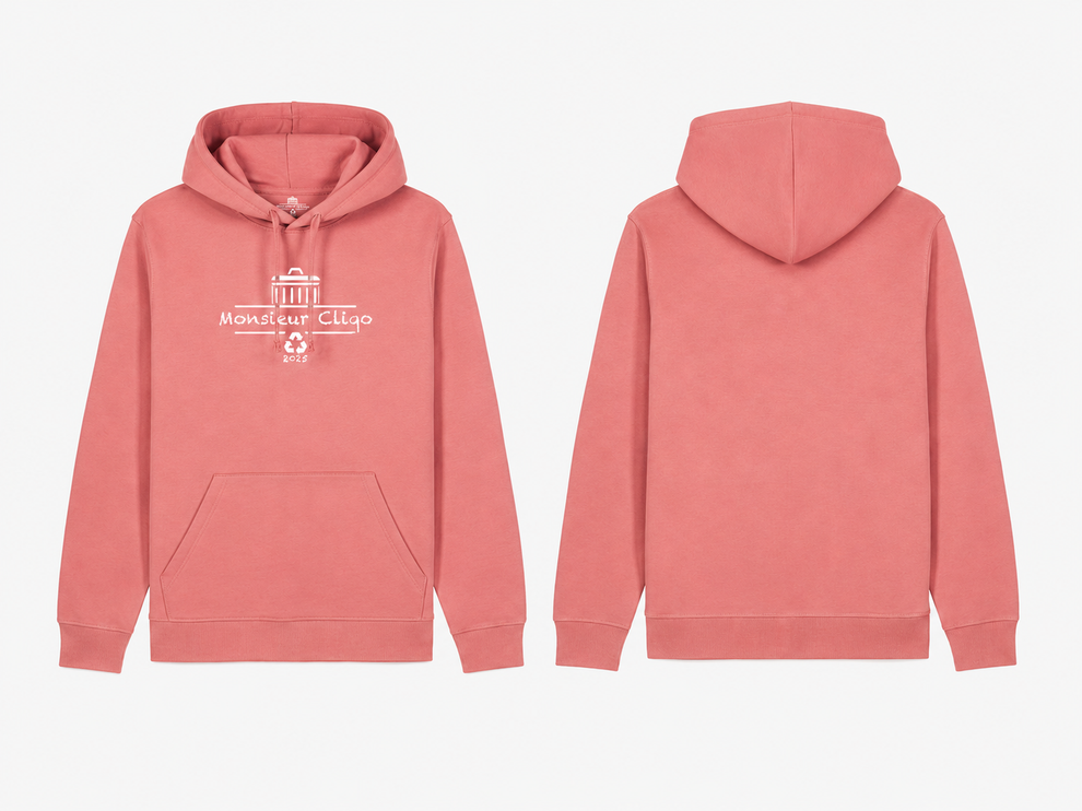 The Essential Hoodie van Monsieur Cliqo in kleur roze, voorkant en achterkant