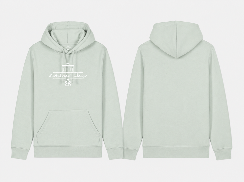 The Essential Hoodie van Monsieur Cliqo in kleur zeeblauw, voorkant en achterkant