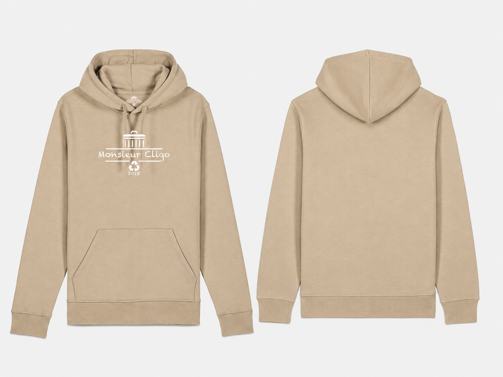The Essential Hoodie van Monsieur Cliqo in kleur beige, voorkant en achterkant