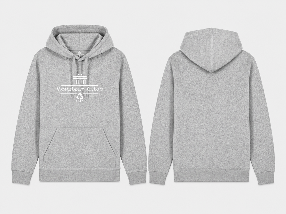 The Essential Hoodie van Monsieur Cliqo in kleur grijs, voorkant en achterkant