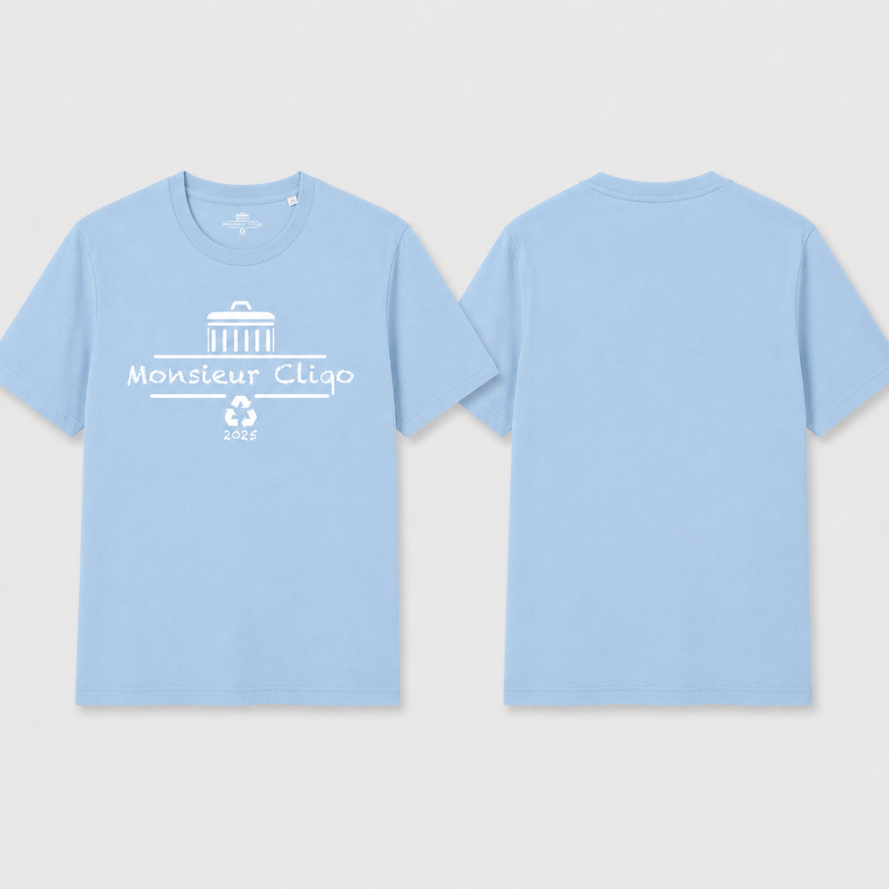 The Essential Tee t-shirt van Monsieur Cliqo in kleur lichtblauw, voorkant en achterkant