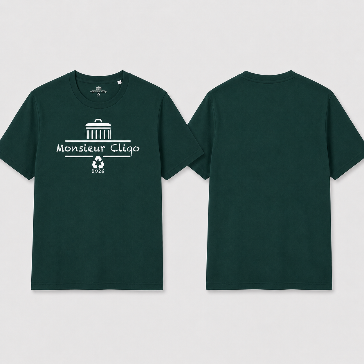 The Essential Tee t-shirt van Monsieur Cliqo in kleur donker groen, voorkant en achterkant