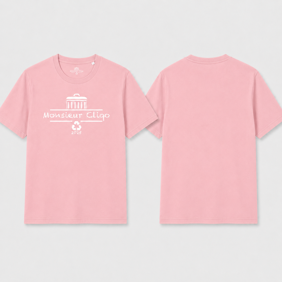The Essential Tee t-shirt van Monsieur Cliqo in kleur roze, voorkant en achterkant