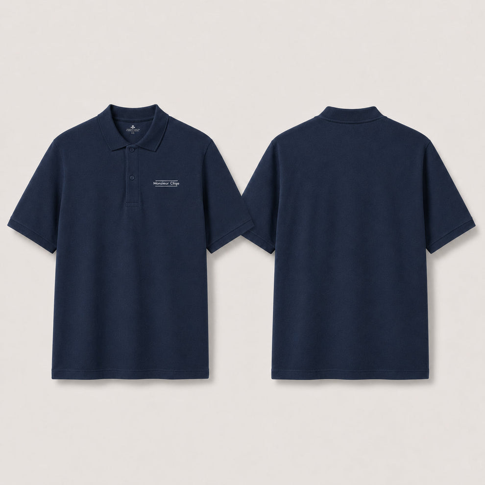 The Classic Polo van Monsieur Cliqo in kleur marine blauw, voorkant en achterkant
