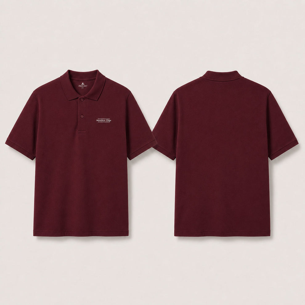 The Classic Polo van Monsieur Cliqo in kleur bordeaux rood, voorkant en achterkant