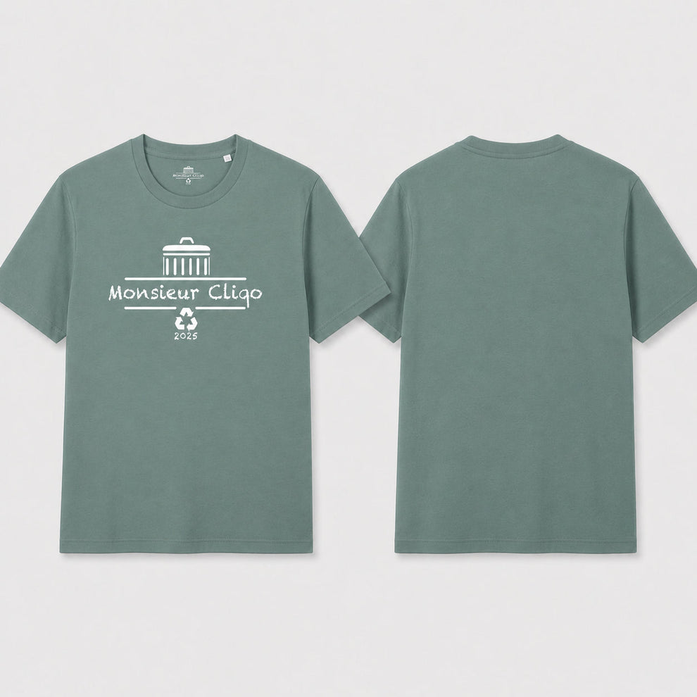 The Essential Tee t-shirt van Monsieur Cliqo in kleur zeegroen, voorkant en achterkant