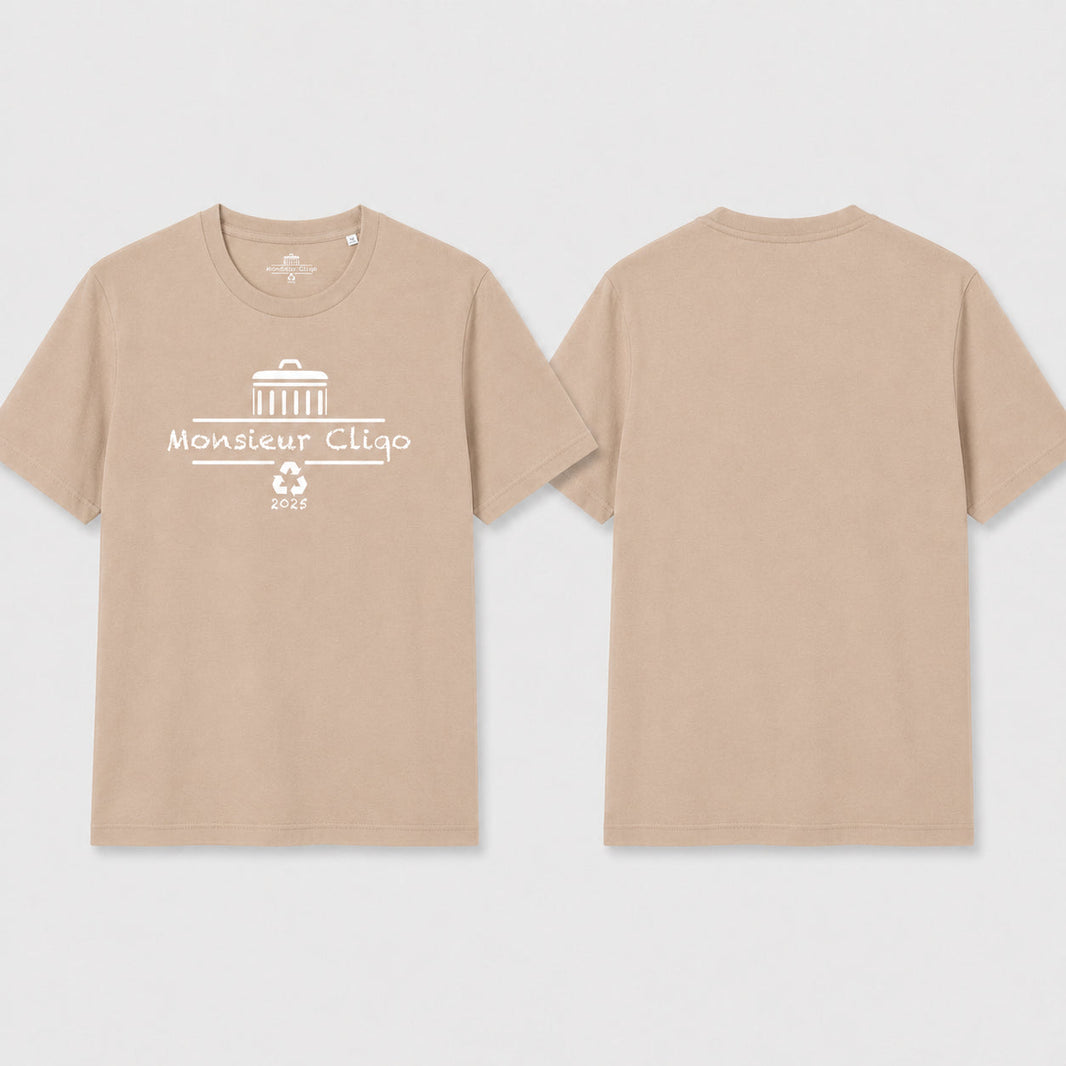 The Essential Tee t-shirt van Monsieur Cliqo in kleur beige, voorkant en achterkant
