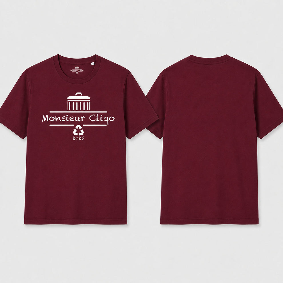 The Essential Tee t-shirt van Monsieur Cliqo in kleur bordeaux rood, voorkant en achterkant