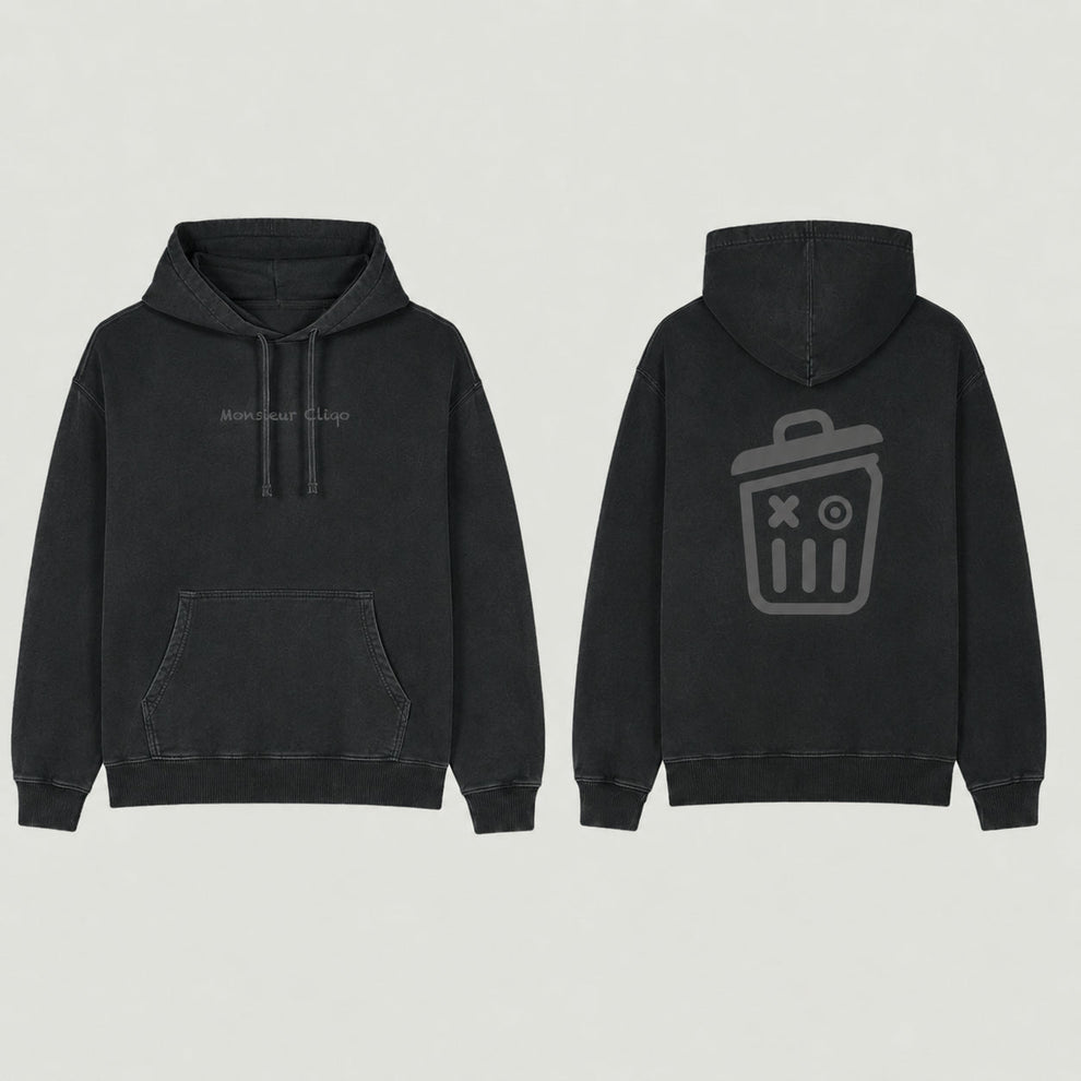 The Heavyweight Hoodie van Monsieur Cliqo in kleur zwart, Vervaagde naden voor 'washed look',  voorkant en achterkant