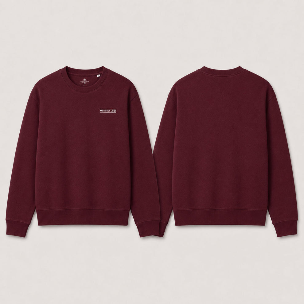 The Refined Crewneck van Monsieur Cliqo in kleur bordeaux rood, voorkant en achterkant