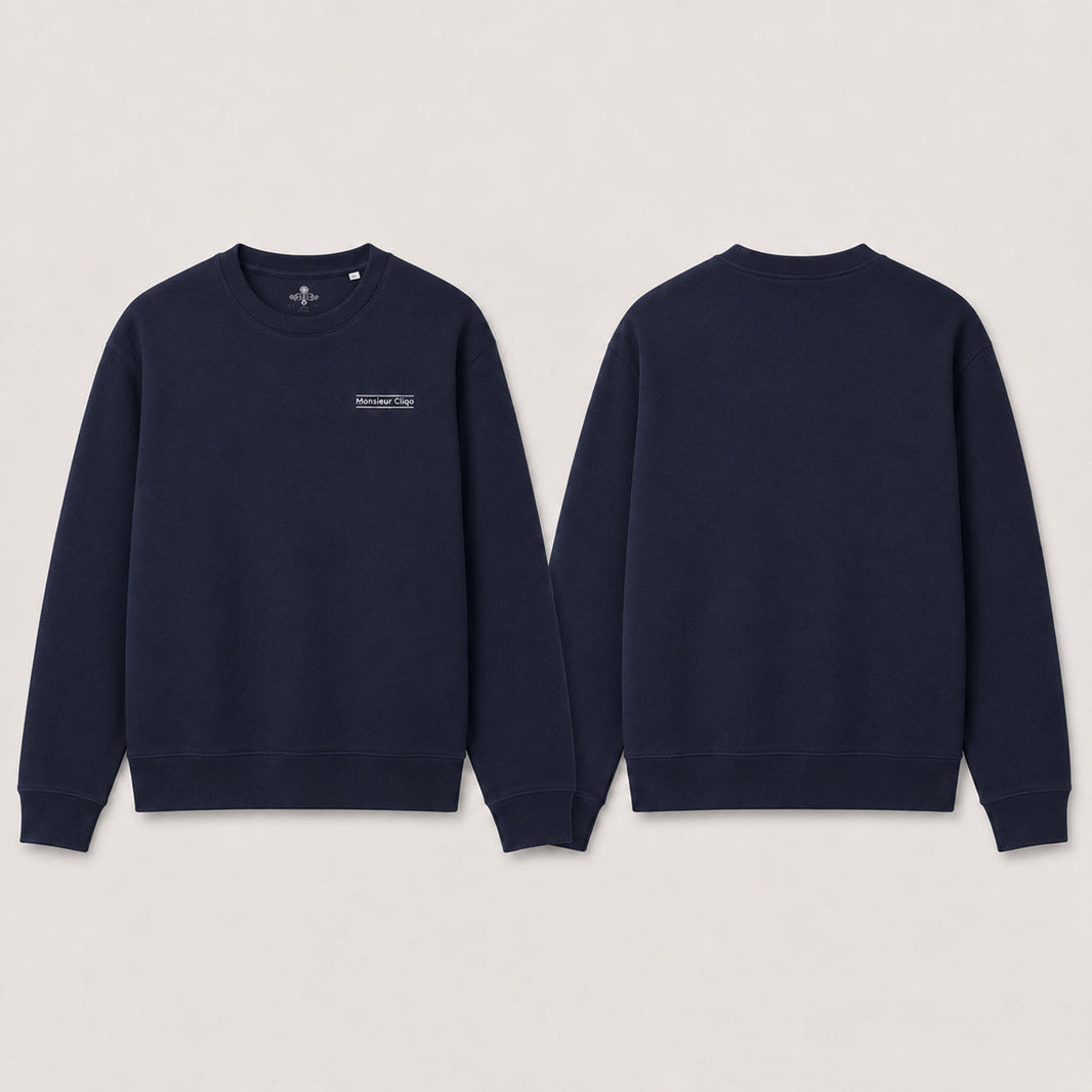 The Refined Crewneck van Monsieur Cliqo in kleur marine blauw, voorkant en achterkant
