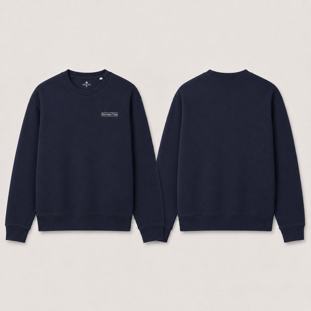 The Refined Crewneck van Monsieur Cliqo in kleur marine blauw, voorkant en achterkant