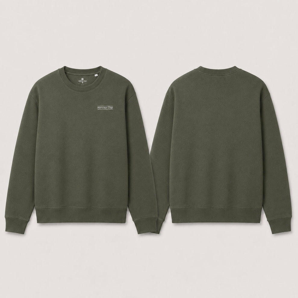 The Refined Crewneck van Monsieur Cliqo in kleur kaki, voorkant en achterkant